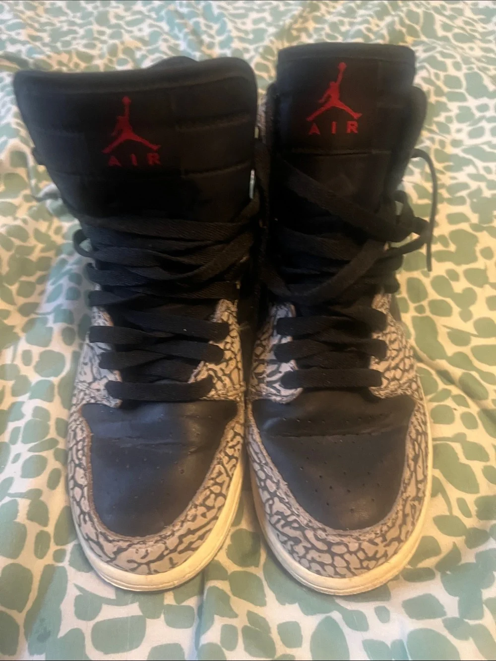 Jordan High-Top Sneakers in Black with Red Jumpman and Grey Elephant Print